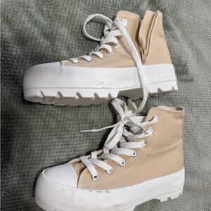 Sincerely Jules Tan and White High-Top Sneakers